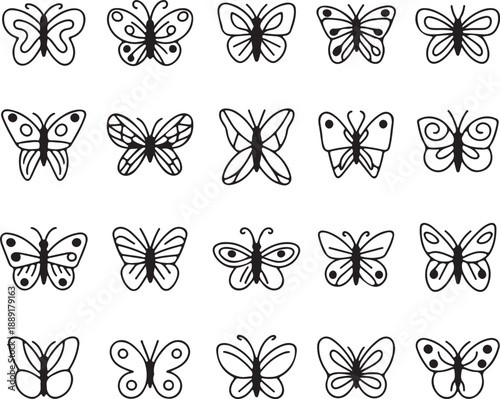 Collection of Hand Drawn Outline Butterflies Showcasing Various Wing Shapes and Patterns
