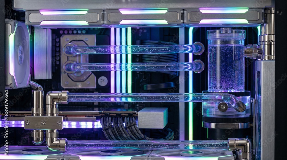 Fototapeta premium High-End Custom PC Water Cooling System with RGB Lighting and Liquid Reservoirs