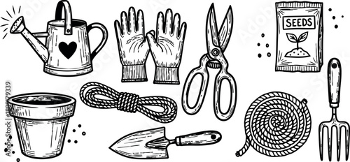 Black and white line art gardening tools including watering can gloves scissors seeds pot trowel rope garden fork assembled flat layout