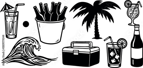 Black and white line art tropical palm tree beach icons with waves drinks fries and cooler set illustration