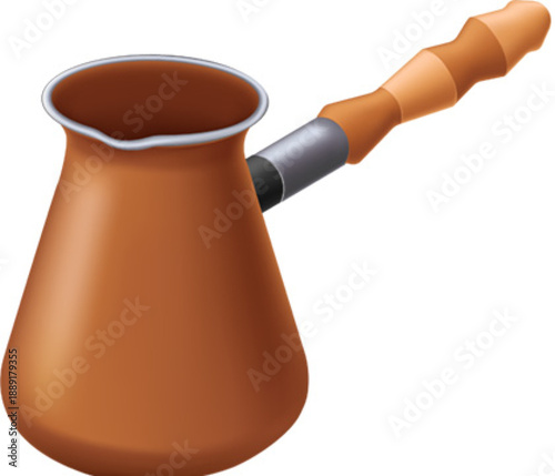 Detailed 3D illustration of a traditional copper coffee pot with a wooden handle, perfect for beverage or kitchen themes