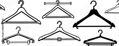 Black and white pen sketch various coat hangers in different shapes and styles on white background
