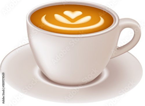 A delicious and frothy coffee with latte art in a white cup on a saucer