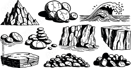 Black and white line art collection of rocks cliffs stones stacks waves and mountain nature elements illustration