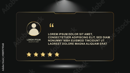 Premium Luxury Testimonial Card Template with Gold Accents, Matte Black Background, Circular Profile Frame, and 5-Star Review Design for Modern UI and Social Media Marketing