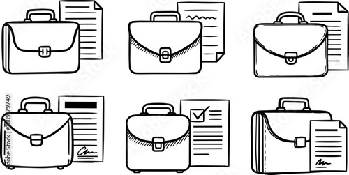 Hand drawn minimalistic black line business briefcases with various documents attached simple icon set