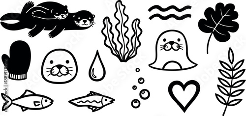 Black and white hand drawn sea animals and plants icons with mittens, heart, and abstract nature doodles