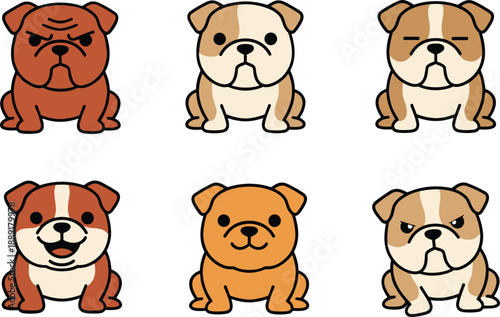 Hand drawn cute bulldog cartoon character icons set with different facial expressions for pet and animal designs