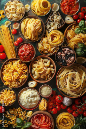 An assortment of various pasta types with ingredients like tomatoes, basil, and olives, showcasing Italian cuisine.