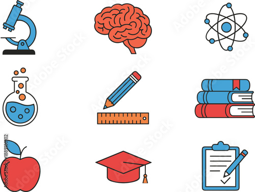 Hand drawn education and science icons set with microscope, brain, atom, books, apple, graduation, and study symbols