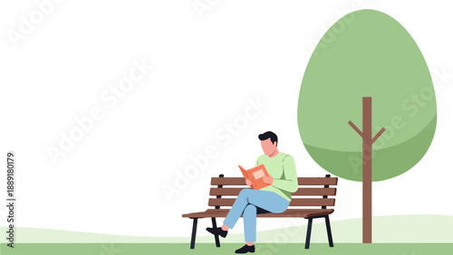 Man sitting on a bench reading a book under a tree in the park from a distance