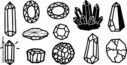 Black and white line art illustration of various gemstones and crystal shapes with faceted and geometric designs