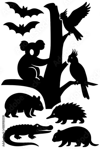 set of silhouettes of Australian Animals,
Native Australian Animals Silhouette Vector Set