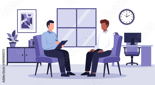 Two men sitting in chairs in an office environment, one holding a digital tablet and discussing, from a straightforward viewpoint