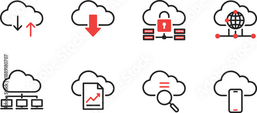 Hand drawn cloud computing outline icons set with download, upload, security, analytics, network storage, and data management symbols