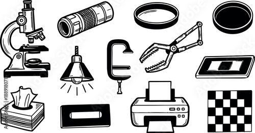 Black and white line art scientific laboratory equipment icons including microscope pipette clamp and printer illustration