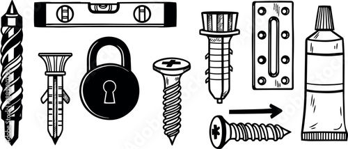 Monochrome line art technical illustration of various screws, anchors, a padlock, and glue tube with clear details and labeled parts