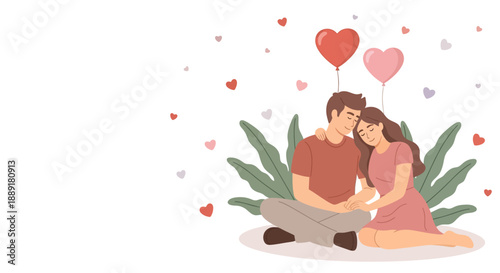 A heartwarming illustration of a loving couple sharing an intimate moment, embracing their affection and connection with floating hearts symbolizing their deep bond and happiness in a serene setting
