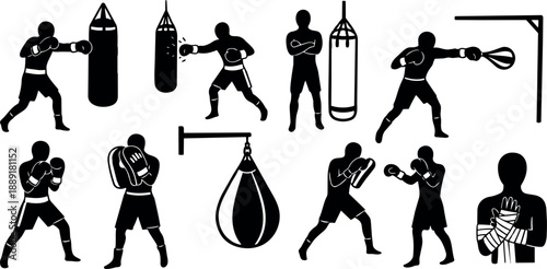 Black silhouette boxing athletes training with punching bags and gloves in various fighting poses and stances