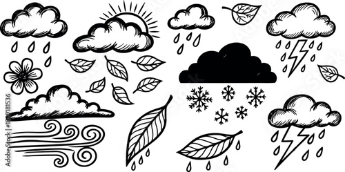 Black and white hand drawn weather icons set including rain clouds snowflakes wind gusts and lightning bolts in rustic sketch style
