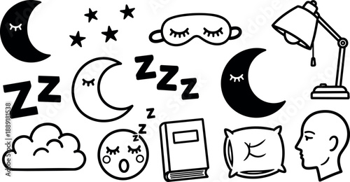Black and white line art collection of sleep related icons including moon stars cloud face pillow lamp and open book