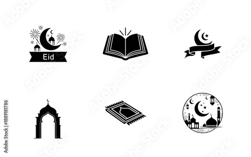 Ramadan and eid special vector set illustrations with crescent moon book lantern and mosque