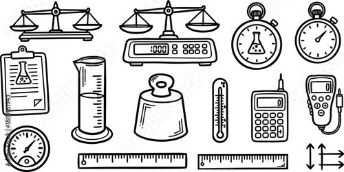 Hand drawn line art measurement icons set with scales stopwatch beaker rulers calculator clipboard weight thermometer arranged on white background