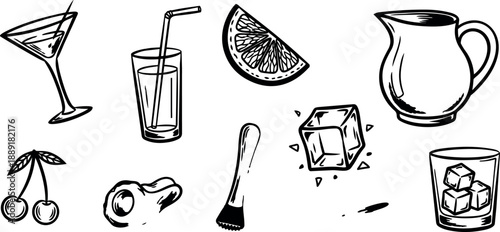 Black and white line art cocktail icons set with martini glass orange slice cherries and ice cube drawing