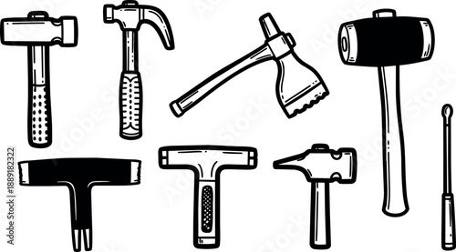 Black and white line art collection of various hand tools hammer axe mallet chisel close up illustration