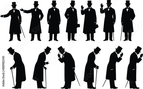 Victorian gentleman silhouette illustration set with top hat cane poses, classic vintage men fashion, historical character collection, black white vector art