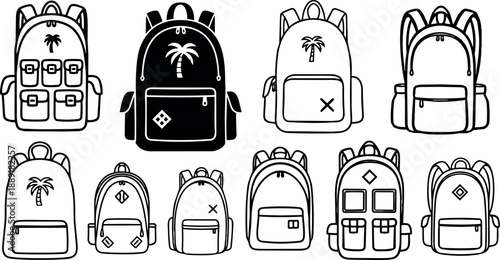 Black and white line art backpacks with palm tree motifs front and side views digital vector set
