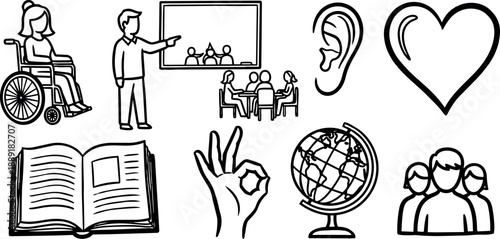 Black line art icons including wheelchair user person, teacher presenting, listening ear, heart symbol, open book, okay hand sign, globe, and group of people