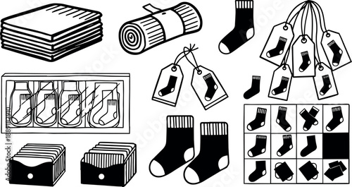 Black and white line art vintage style collection of sock tags sock packages and stacked folded socks illustration