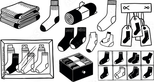 Black and white line art illustration of various socks in packaging and loose pairs with price tags displayed from front view