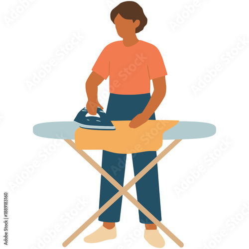 Young female ironing clothes: household chores and daily routine.