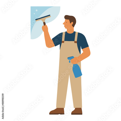 Male cleaner in uniform using squeegee for window cleaning.