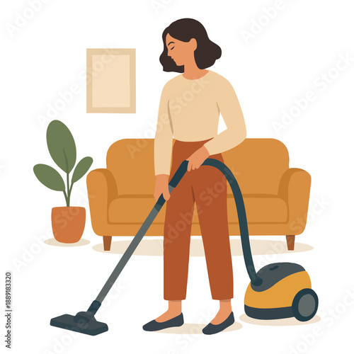 Young hispanic female vacuuming living room with modern decor.