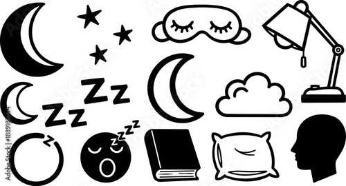 Black and white line art composition of sleeping moon stars pillow and reading lamp icons in flat minimalist style