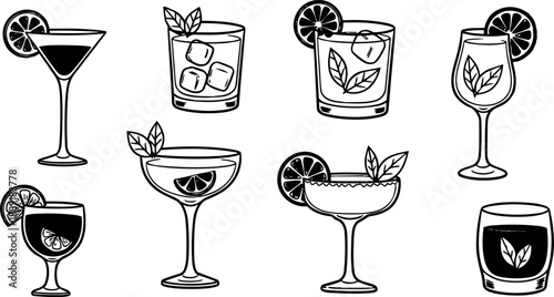 Hand drawn black and white cocktail glass illustrations with lemon and mint garnish various angles and styles