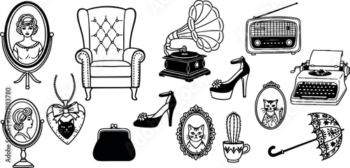 Vintage black and white line art collection of retro objects including gramophone, typewriter, perfume bottle, high heels, umbrella and portraits