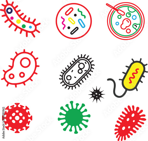 Colorful illustrations of various bacteria and viruses isolated on transparent background