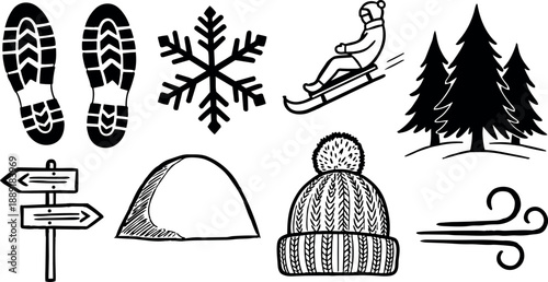 Black silhouette winter icons including hiking footprints snowflake sledding pine trees directional sign tent knit hat and wind gust