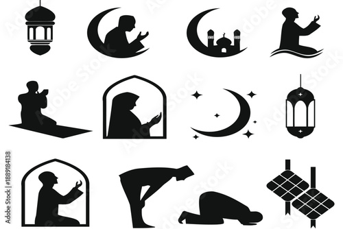  Islamic Ramadan Icon Set Silhouette Vector (Prayer, Quran, Mosque, Crescent Moon, Dates, Water)