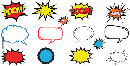 Comic book explosion and speech bubbles isolated on transparent background