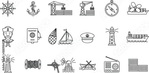 Maritime and shipping line icons set with navigation port cargo sea transport vector illustration