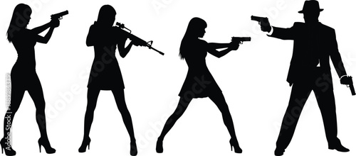 Action movie character silhouettes with armed men and women holding guns in dramatic poses, crime thriller concept, espionage theme, and cinematic combat illustration isolated on white background