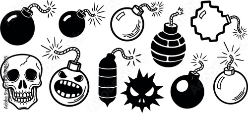 Black and white tattoo flash style skull and various bombs illustration with fuse and explosive designs