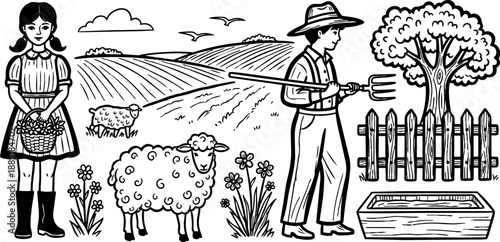 Line art vintage farm scene angle woman holding basket looking at camera man pitching hay to grazing sheep near tree