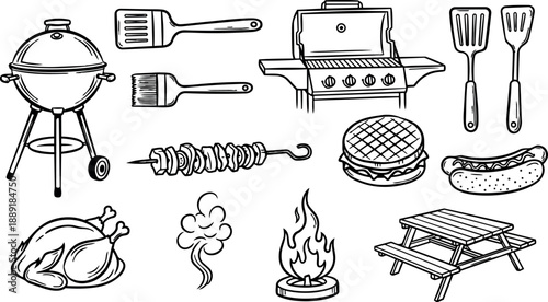 Black and white line art illustration of barbecue grill tools skewers burger sausage fire picnic table and roasted chicken set