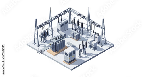 Isometric illustration of an industrial facility with various machinery and equipment.